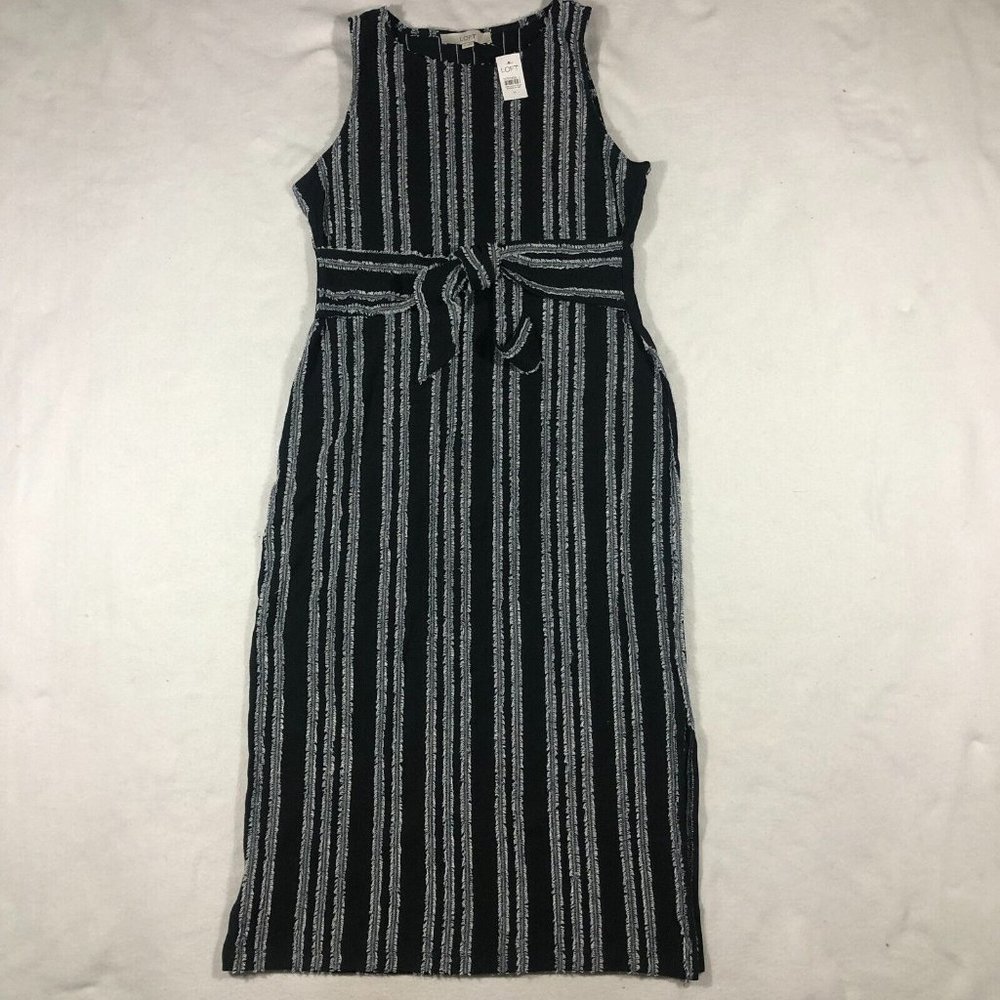 NEW LOFT Womens Medium Eyelash Tie Waist Midi Dress Striped 572710 NWT $80